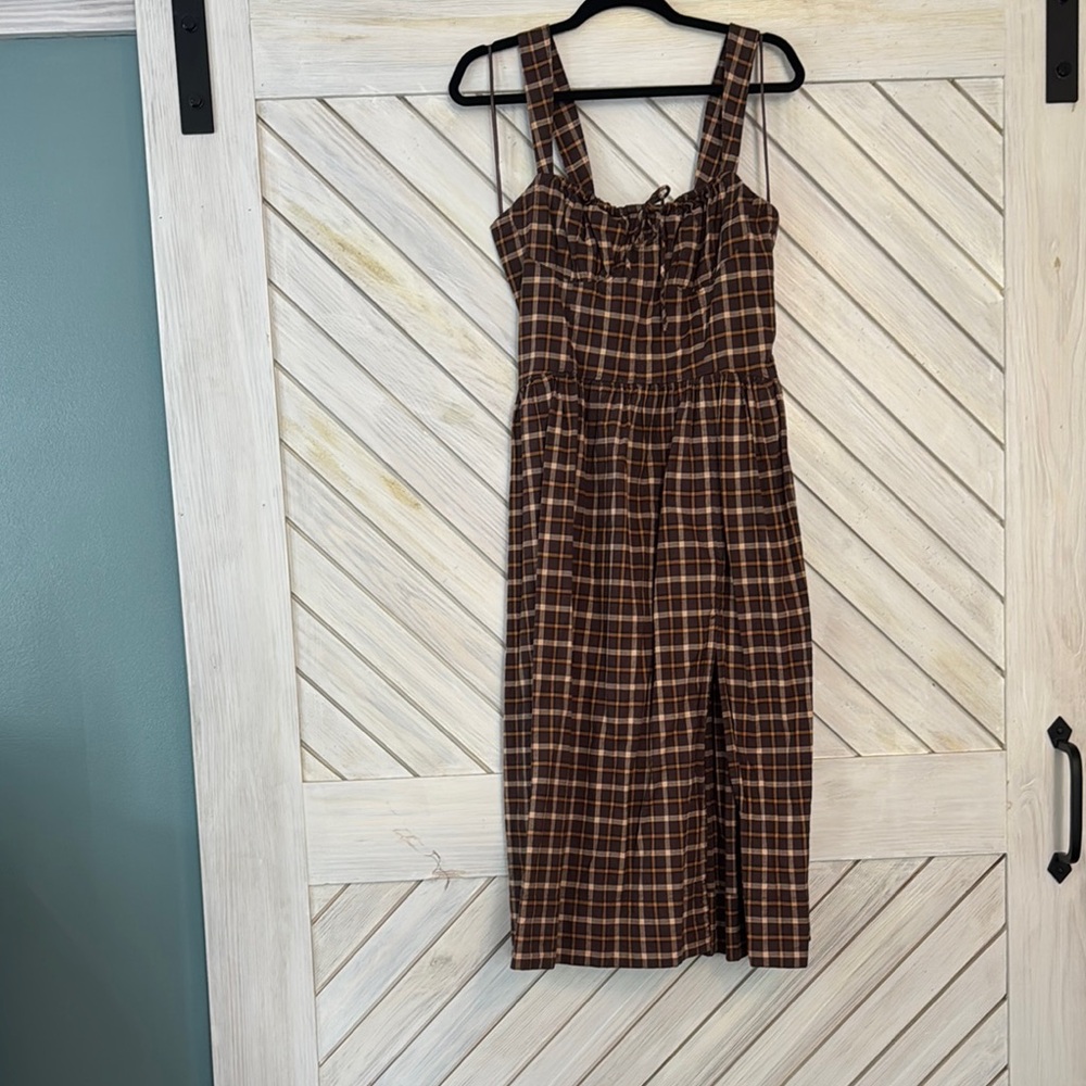 Free People Brown and White Square Neck Midi Dress